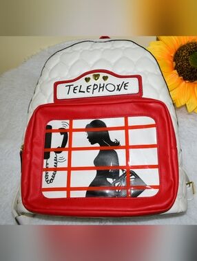 White & Red 'Telephone' Quilted Backpack